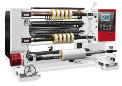 Industrial roller machine with multiple rollers and control panel.