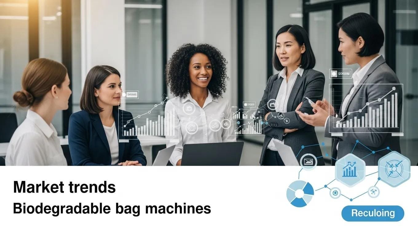 Profesionales de negocios discutiendo tendencias de mercado y factores regulatorios de las máquinas de bolsas biodegradables en una oficina moderna