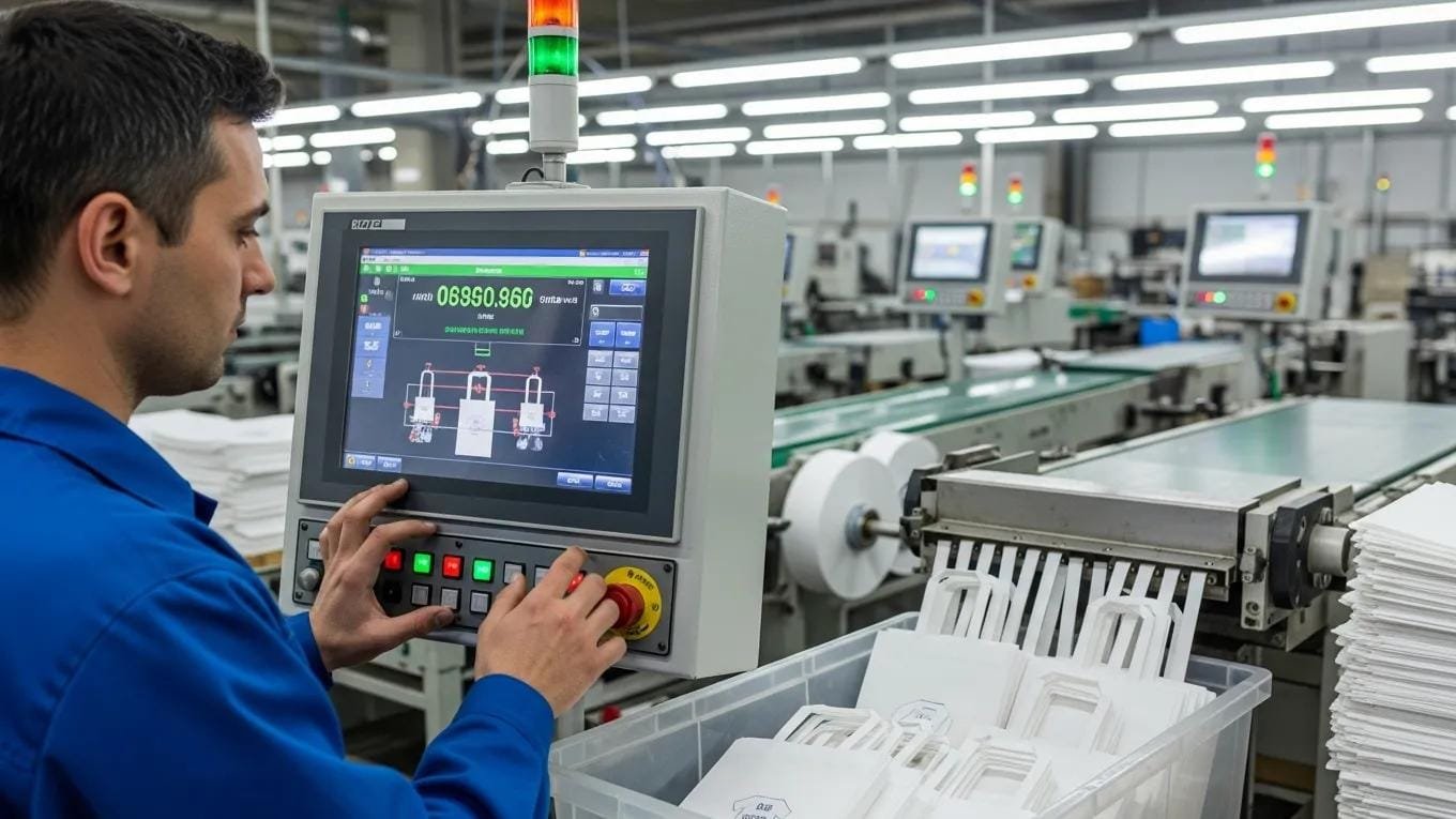 Trabajador de fábrica operando una máquina para bolsas tipo camiseta, mostrando eficiencia y tecnología de producción