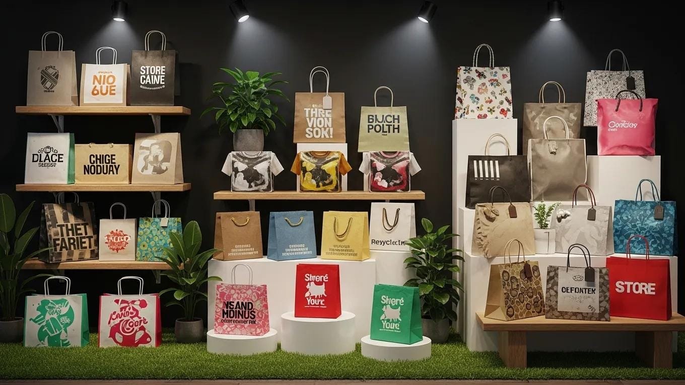 Variedad de bolsas tipo camiseta personalizadas en un entorno de retail, destacando opciones de diseño y materiales