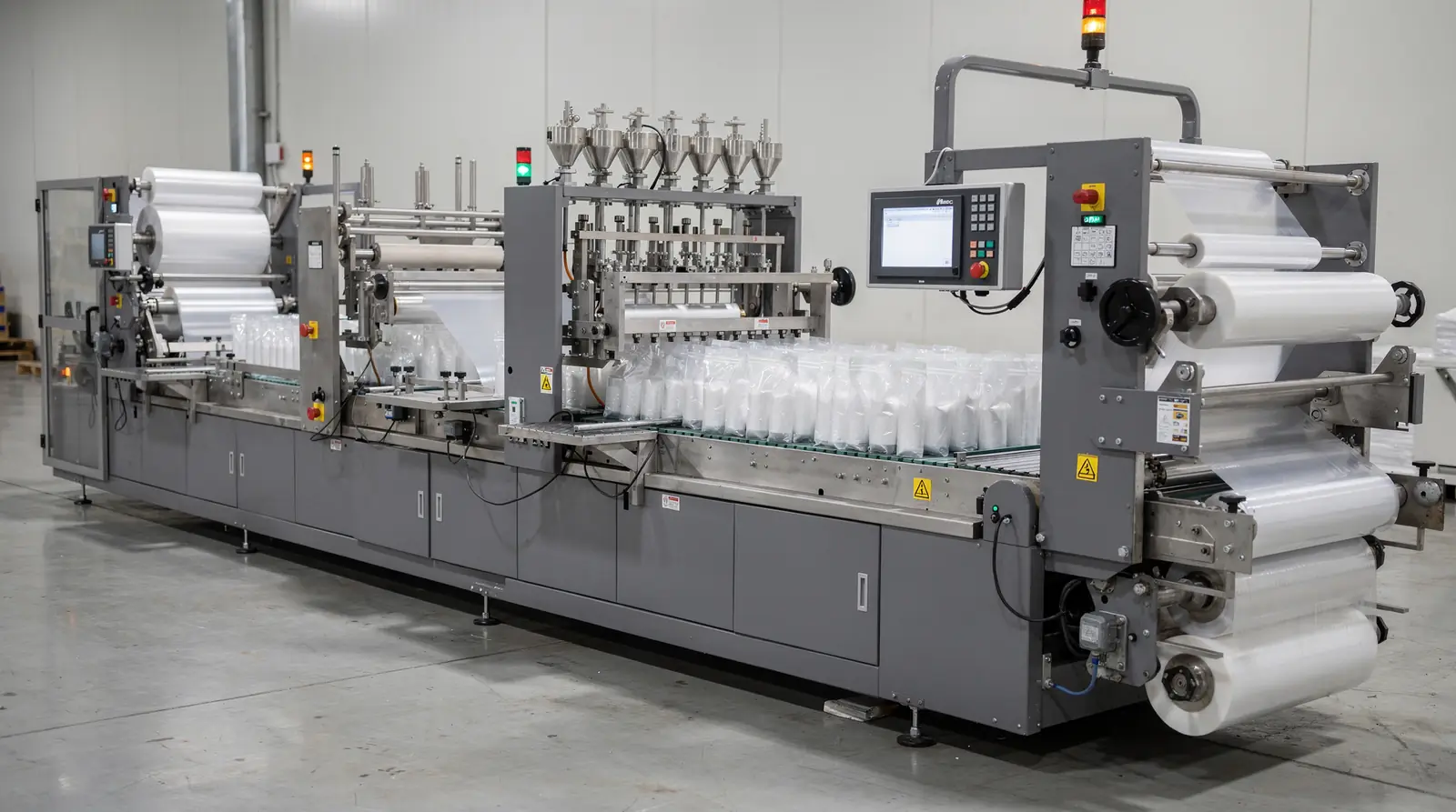 Four sequential stages define the filling and sealing process on a máquina bolsas pouch: inflation
